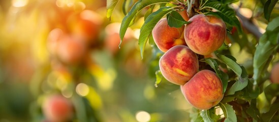 Sticker - A fruit tree with a branch bearing a cluster of seedless peaches, surrounded by green leaves and blooming flowers - a natural, food-producing plant.