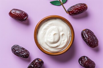 Wall Mural - bowl of creamy white substance, possibly yogurt or a similar dairy product, is surrounded by dark, glossy dates on a light purple background