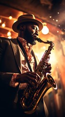 Invite template for Jazz night. Jazz man playing saxophone. AI generated image.