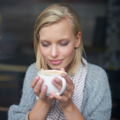 Poster - Coffee shop, happy and woman with aroma for drink, caffeine beverage and cappuccino for scent. Smile, relax and person with mug in restaurant, cafe and diner for breakfast, satisfaction and wellness