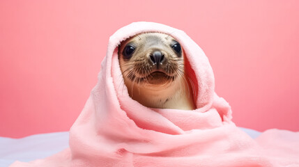 Wall Mural - A fur seal wrapped in a pink towel after a bath