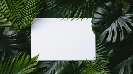 Blank white letter paper mockup surrounded with palm leaves . AI generated image.