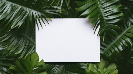 Blank white letter paper mockup surrounded with palm leaves . AI generated image.