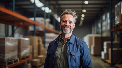 Smiling middle aged man in a warehouse