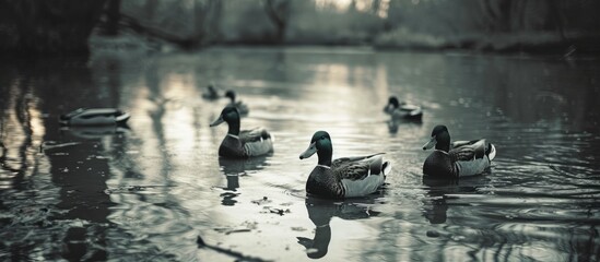 Wall Mural - A serene natural landscape with ducks gracefully swimming in the peaceful lake, their beaks gently gliding through the water.