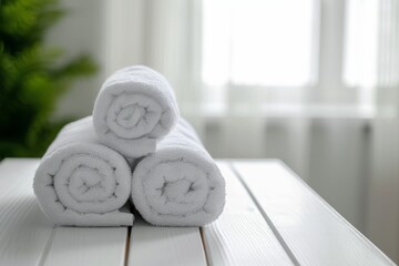 Poster - White towels rolled up on white table with copy space representing a spa concept