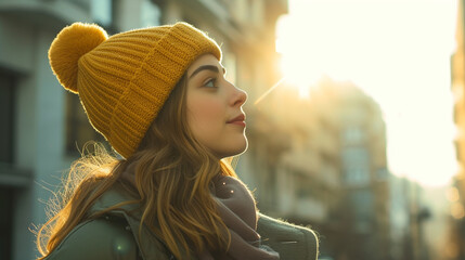 Wall Mural - A portrait of a brown-haired girl with a yellow woolen hat looking into infinity at sunset