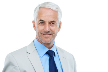 Poster - Smile, portrait and senior businessman in studio with positive, good and confident attitude. Happy, legal career and headshot of professional mature male lawyer in suit isolated by white background.