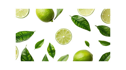  Lemon fruit with slices and green leaves isolated on white background. Top view. Flat lay.
