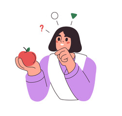 Aufkleber - student studying apple, looking and describing fruit. education, knowledge concept. school pupil lea