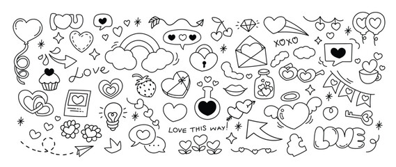 Poster - set of valentine doodle element vector. hand drawn doodle style collection of heart, cupcake, key, r