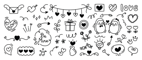 Wall Mural - Set of valentine doodle element vector. Hand drawn doodle style collection of heart, arrow, balloon, flower, speech bubble, penguin, gift. Design for print, cartoon, decoration, sticker, clipart. 