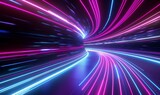 Fototapeta Perspektywa 3d - Abstract black background with pink and blue neon glowing lines that extend into the distance, moving through a tunnel to the right. 3d render motion speed of light and hypertunnel. Generative AI