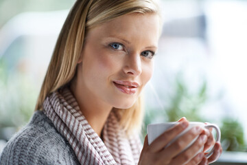 Poster - Coffee shop, smile and portrait of woman with drink, caffeine beverage and cappuccino for aroma. Happy, relax and person with mug in restaurant, cafe and diner for breakfast, satisfaction or wellness