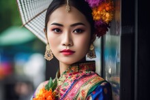 Portrait Of A Beautiful Young Woman In Traditional Clothing At Songkran Festival