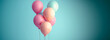 Colorful Birthday Party Balloons Floating in the Sky on Abstract Pink Ribbon Background