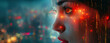 A close-up of a girl face overlaid with vibrant digital data streams, set against a blurred cityscape. A fusion of humanity and technology. Ideal for website headers or banners with a cyberpunk theme.