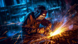 © Vitaliy - a welder in a welding mask welding a piece of metal with sparks in the air and a blue background, generative ai
