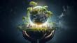 © TOTO - Human Palms Hold a Glass Globe of Land on Which a Beautiful Tree Grows, Planet Earth is on Background Space View. Generative AI