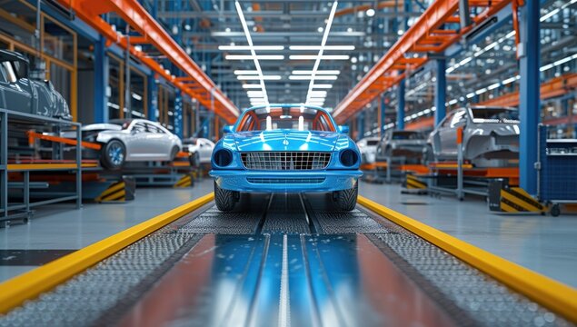 Efficiency meets innovation as robots work seamlessly on a production line, meticulously assembling components to craft a car with precision and speed.