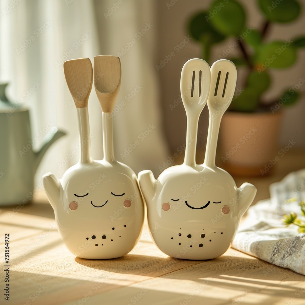 Glasses and various kitchen utensils with cute shapes smiling happily, a kitchen concept for cooking with creative and unique variations that is not boring to use. Generative Ai