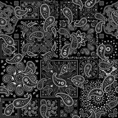 Wall Mural - black bandana kerchief paisley fabric patchwork abstract vector seamless pattern for scarf kerchief 