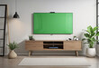 Smart TV with blank empty mockup green screen connected, mixed digital 3d illustration and matte painting.