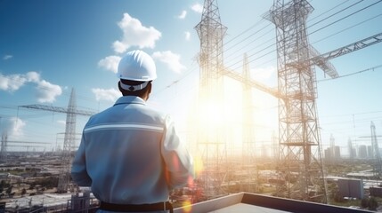 Back sid view an engineer inspects an electrical plant with, a clear sky with a few clouds, on the city background.