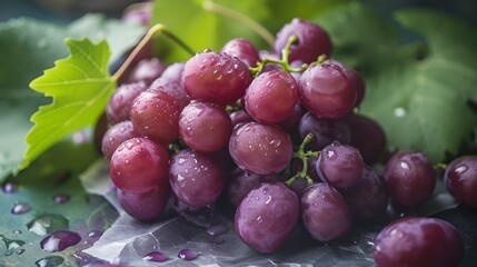 Poster - Fresh purple grapes with dew drops, close-up shot. healthy organic fruit, perfect for food themes. natural lighting gives a vibrant feel. AI