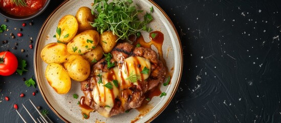 Sticker - Plate with potatoes, meat, cheese, and sauce.