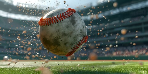 Wall Mural - Dynamic baseball mid-air with water spray on stadium background. close-up of an action shot. sports and recreation theme. AI