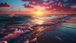 Sea sunset soft blurred background, ocean sunrise, tropical island beach dawn, dark blue water waves splash, ripple texture