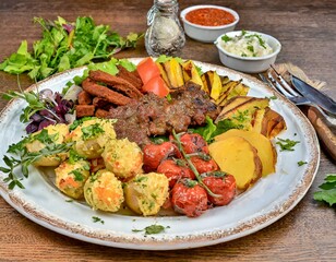 Wall Mural - Mixed grilled platter with potatoes and vegetables.