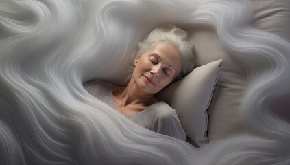 Poster - In a tranquil moment of slumber, an older woman rests soundly in bed, her grey hair spread delicately across the pillow, embodying the calm beauty of restful sleep.