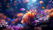 Flower sea living coral and reef color under deep dark water of sea ocean environment.