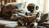 Fototapeta  - Futuristic robot kid like engaged in reading on couch, highlighting artificial intelligence education. Generative AI