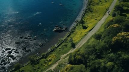 Wall Mural - Aerial view of road with green woods by blue lakes water in summer