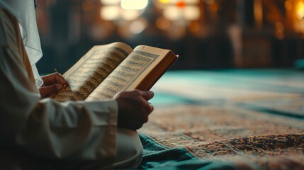 Wall Mural - Tranquil shots of individuals engrossed in reading and reciting the Quran during Ramadan nights