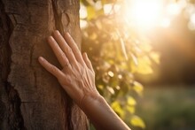 Woman, Hands And Tree For Nature Outdoor On Vacation In The Morning Sunshine