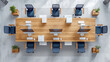 © ImageFlow - Overhead view of a contemporary office setup with blue chairs and wooden accents. Generative AI