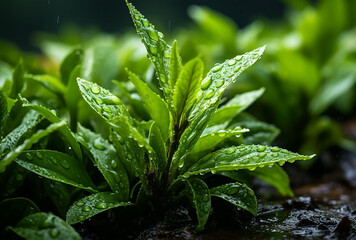 A beautiful macro closeup image of small green natural grass plant bud with water drops on its leaves 