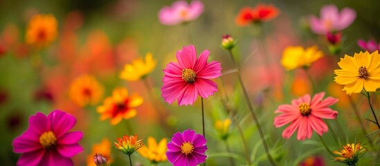 Wall Mural - A vibrant natural landscape with a diverse array of flowering plants, including beautiful magenta flowers, creates a scenic botanical wonder.