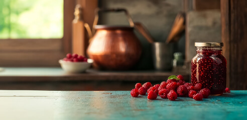 pot de confiture de framboise, avec framboises à côté et chaudron en cuivre en arrière-plan