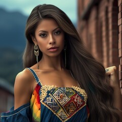 Beautiful woman in a traditional dress of national colors of colombia  