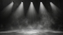 Free Stage With Lights And Smoke, Empty Stage With White Spotlights, Conser, Show, Party, Presentation Concept. White Spotlight Strike On Black Background, Vintage Retro Stage Black White