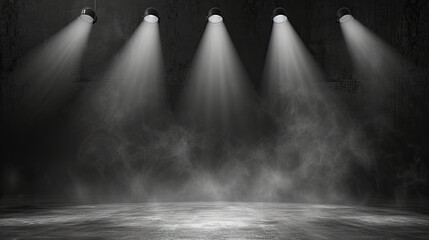 Free stage with lights and smoke, Empty stage with white spotlights, conser, show, party, Presentation concept. white spotlight strike on black background, vintage retro stage black white