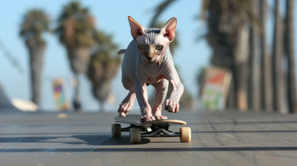 Skating cat. Cat on a skateboard. Sphynx cat. funny expression with sport exercise concept healthy lifestyle. A Sphynx cat riding a skateboard in a skateboard park.