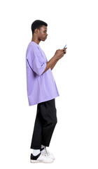 African american man standing with smartphone, serious profile. Online browse, texting, isolated on transparent background. Concept of network and social media