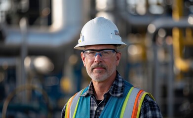 Male engineer at oil refinery, wearing protection construction white helmet and vest.