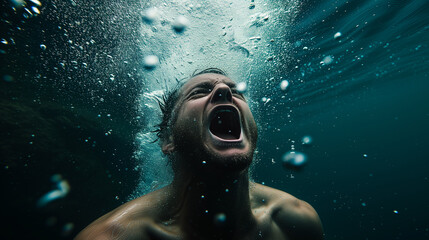 Silent Suffering Underwater Capture of a Person in Despair, Screaming